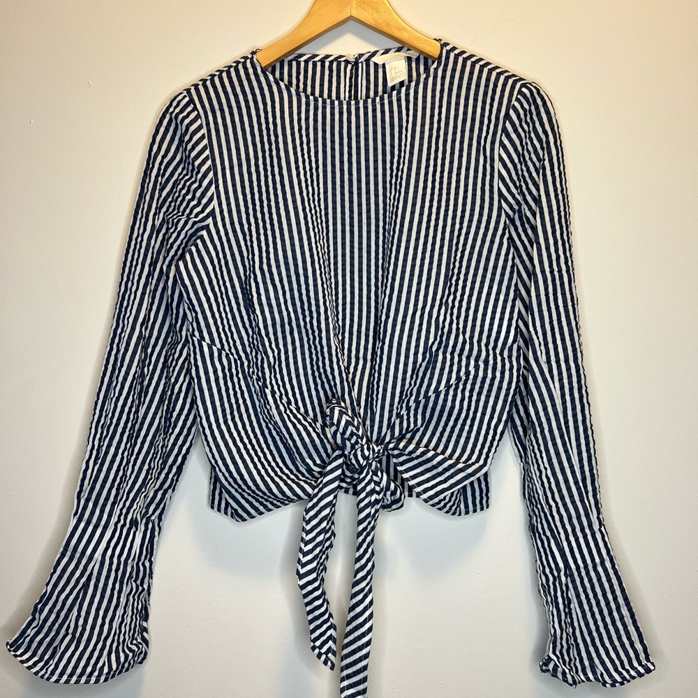H&M blue and white striped blouse with tie waist